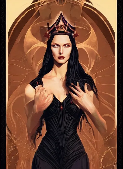 Image similar to tarot!!, high priestess, no noise, elegant, concept art, sharp focus, beautiful face!!, digital art, smooth defined outlines!!, human anatomy, human structure, vector background, dark fantasy, by Brom, trending on Artstation, Tom Bagshaw, Sargent