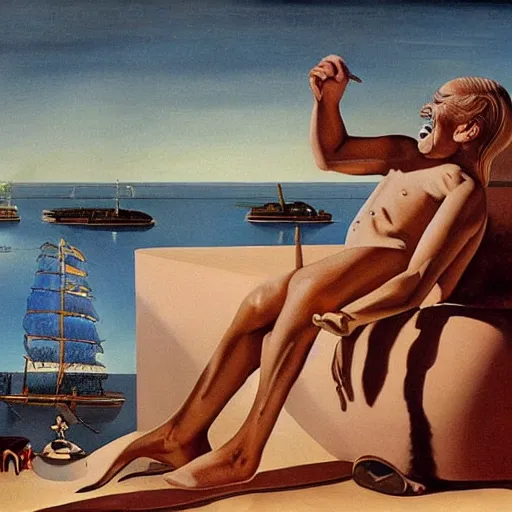 Prompt: tiny person is laughing and pointing at donald trump in a swimsuit.. painting by salvador dali.