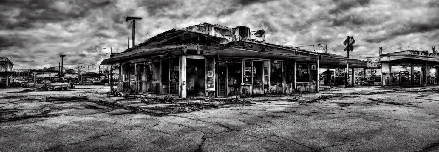 Prompt: Abandoned cafe on parking lot HDR cinematic noon detailed apocalyptic