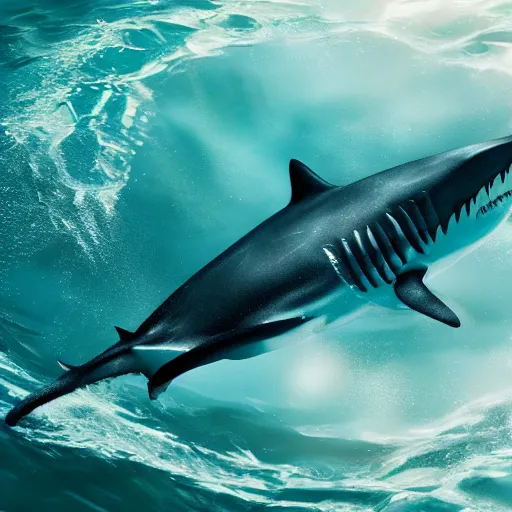 Image similar to water artwork manipulation in the shape of a giant shark, on the ocean water, ray tracing, realistic water sharp focus, long shot, 8 k resolution, cinematic, amazing water art