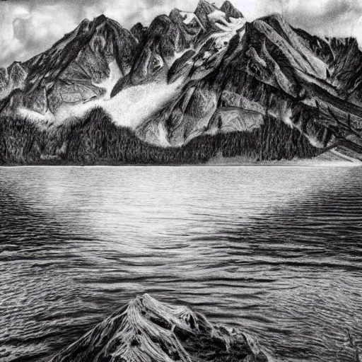 Image similar to lago di sorapis, hyper - realistic black and white drawing, hyper detailed, extreme long shot, in the style of den yakovelv