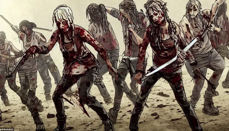 Image similar to full - body action shot of a well - armed female with tattered, blood - soaked clothing, using a sword to fight a horde of the walking dead, in the style of a highly - detailed anime characters