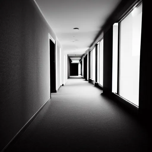 Image similar to an erie hotel corridor with red carpet, at the end of the corridor the light comes from a window, dust particles in the air