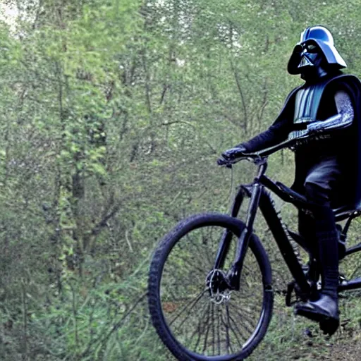 Prompt: Darth Vader from Start Wars riding a mountain bike