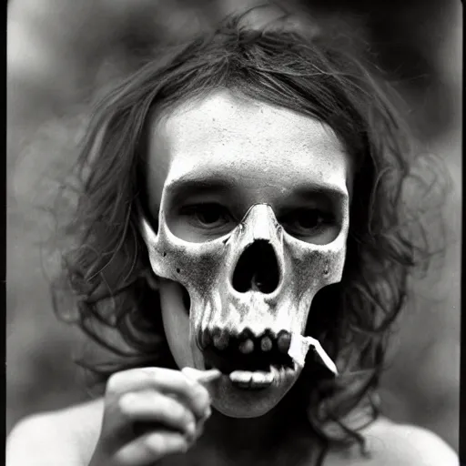 Image similar to teenage boy with skull mask smoking by sally mann