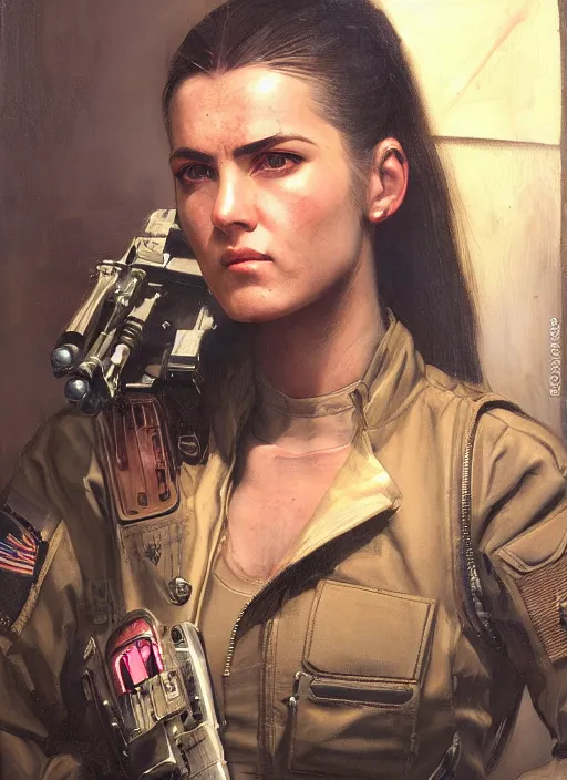 Image similar to Nikki. cyberpunk female USN marine wearing a military vest and powerful military cyberpunk exo-suit (cyberpunk 2077, bladerunner 2049). gorgeous face. Iranian orientalist portrait by john william waterhouse and Edwin Longsden Long and Theodore Ralli and Nasreddine Dinet, oil on canvas. Cinematic, hyper realism, realistic proportions, dramatic lighting, high detail 4k