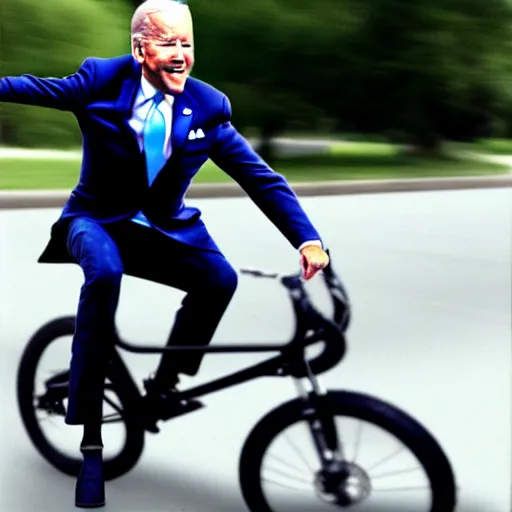 Image similar to ultra realistic photo of joe biden falling off of his bike, film, perfect face, in the style of a candid photo