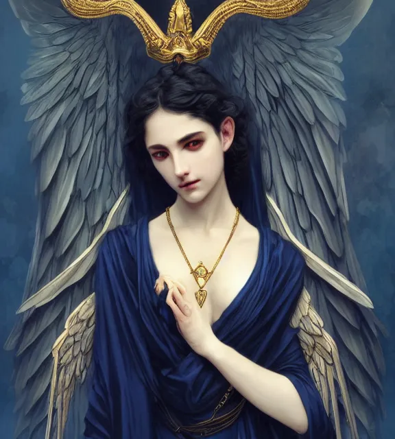 Image similar to god of death, young male, in the underworld, elegant dark blue dress, very detailed, throne, very intricate details, jewelry, gold eyeshadow, elaborate long black hairstyle, wings, cinematic, artstation, william bouguereau, alphonse mucha, greg rutkowski, rossdraws, octane render, no hands