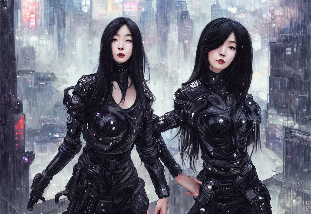 Image similar to portrait dilireba + black hair of futuristic female police, black armored uniform, at rooftop futuristic colorpunk tokyo rainy night, ssci - fi and fantasy, intricate and very very very beautiful, highly detailed, digital painting, artstation, concept art, smooth and sharp focus, illustration, art by tian zi and wlop and alphonse mucha