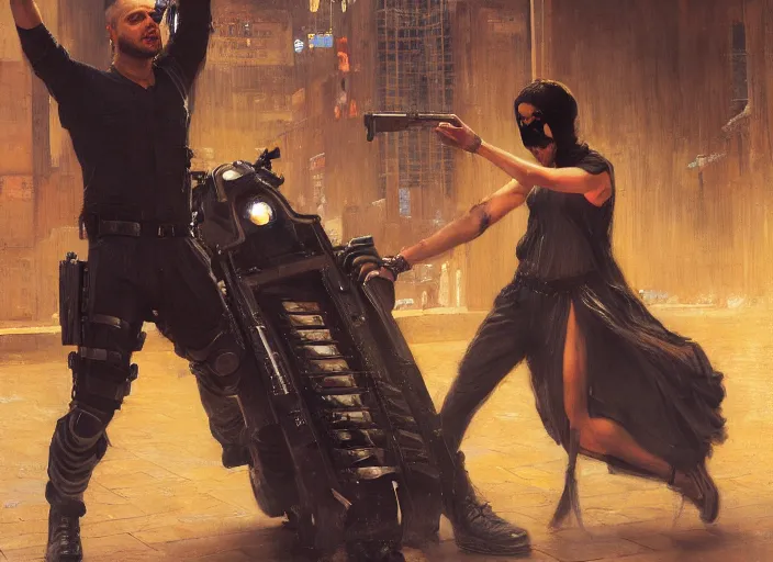 Prompt: sophia evades sgt Griggs. Cyberpunk hacker wearing jumpsuit escaping police troopers (blade runner 2049). Iranian orientalist portrait by john william waterhouse and Edwin Longsden Long and Theodore Ralli and Nasreddine Dinet, oil on canvas. Cinematic, hyper realism, realistic proportions, dramatic lighting, high detail 4k