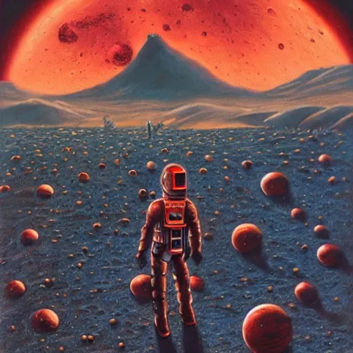 Image similar to android walking on mars, alien village in background, mike mignogna, highly detailed, oil painting, comic book cover, dark, rich colors, vintage sci fi, 1 9 8 0 s, 1 9 7 0 s, retrofuture, trending on artstation