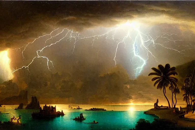 Image similar to doomsday, refracted lightnings on the ocean, thunderstorm, greek pool, beach and Tropical vegetation on the background major arcana sky and occult symbols, by paul delaroche, hyperrealistic 4k uhd, award-winning, very detailed paradise