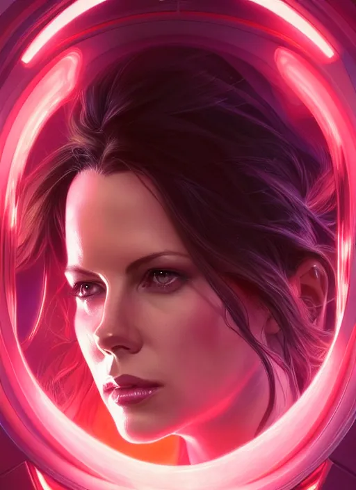 Image similar to symmetry!! portrait of kate beckinsale, sci - fi, anxiety, tech wear, glowing lights!! intricate, elegant, highly detailed, digital painting, artstation, concept art, smooth, sharp focus, illustration, art by artgerm and greg rutkowski and alphonse mucha