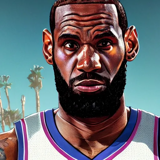 Image similar to highly detailed portrait lebron james basketball player in gta v, stephen bliss, unreal engine, fantasy art by greg rutkowski, loish, rhads, ferdinand knab, makoto shinkai and lois van baarle, ilya kuvshinov, rossdraws, tom bagshaw, global illumination, radiant light, detailed and intricate environment