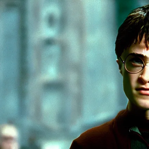 Prompt: Movie still of Harry Potter in Matrix, wearing cool sunglasses