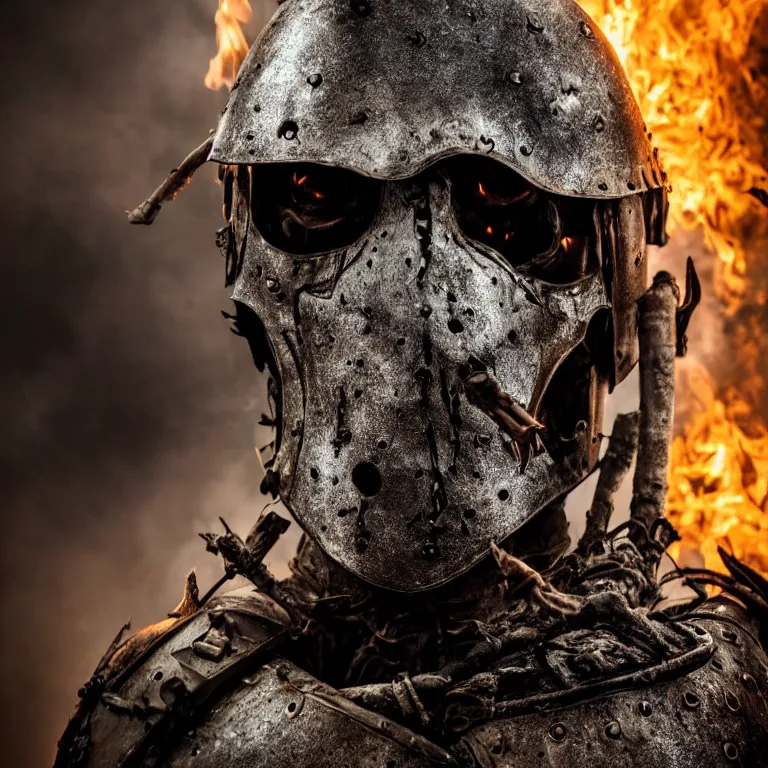 Prompt: undead man in armour in burned forest full of smoke, medieval style, highly detailed, smooth, sharp focus, character portrait, portrait, close up, concept art, intricate details, goth, medieval poster, 8 k. lifelike. dark light. nikon d 8 5 0