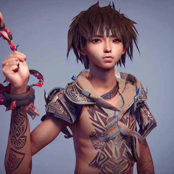 Image similar to 3D render of a cute tribal anime boy, fantasy artwork, fluffy hair, mid-shot, award winning, hyper detailed, very very very beautiful, studio lighting, artstation, unreal engine, unreal 5, 4k, octane renderer