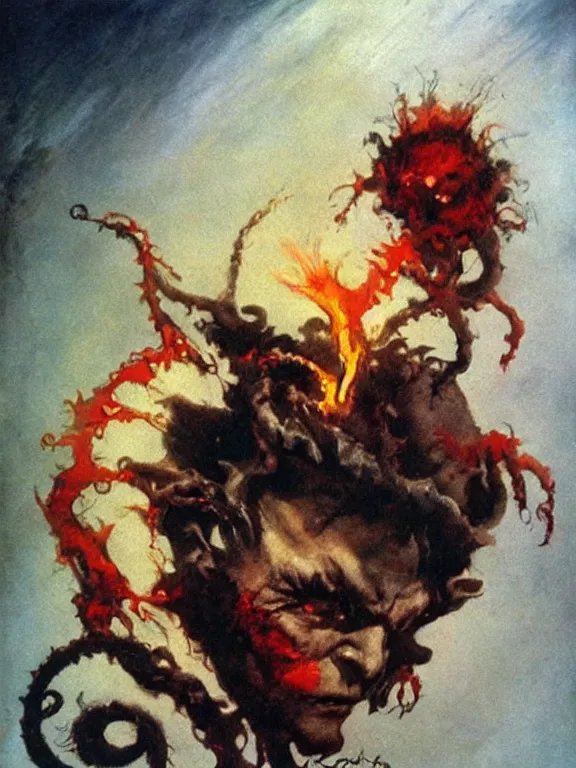 Image similar to painting by frank frazetta of a flying sorrowful looking human head with tears running down it's eyes, face that is chalk white in color, with long sprawling white tentacles stemming down it's neck, fiery scorching red eyes, flying in a terrying hellish dark cavernous place