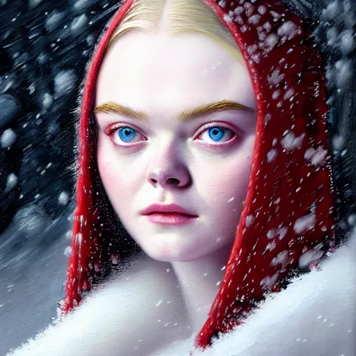 Prompt: portrait of elle fanning wearing blood armor in the snow, detailed realism face in painting, detailed beautiful portrait, oil painting masterpiece, 8 k resolution, smooth, sharp focus, trending on artstation, by rembrandt