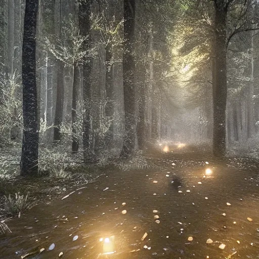 Image similar to bright nordic forest, sparkling spirits, detailed wide shot, wireframe, ground detailed, wet eyes reflecting into eyes reflecting into infinity, beautiful lighting