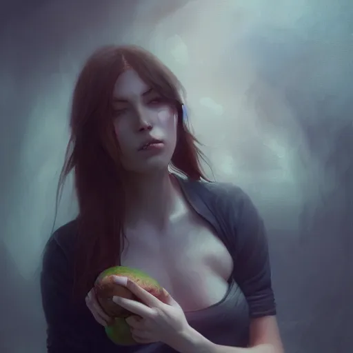 Image similar to lauren walsh lovingly cradling an avacado, fullbody, ultra high detailed, oil painting, greg rutkowski, charlie bowater, yuumei, yanjun cheng, lauren walsh, unreal 5, daz, hyperrealistic, octane render, rpg portrait, dynamic lighting, fantasy art, beautiful face