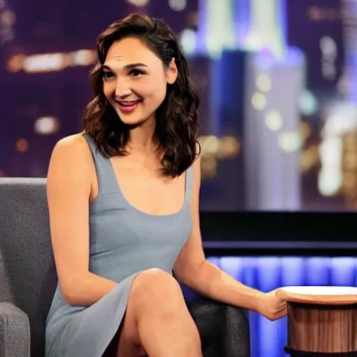 Image similar to gal gadot answering a question on a tv late night show