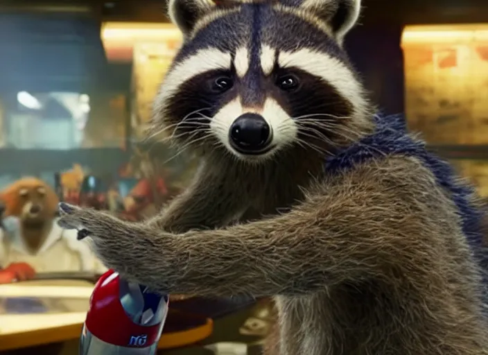 Image similar to film still of Rocket Racoon working at McDonald's in the new Avengers movie, 4k