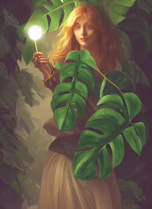 Prompt: a female druid with monstera leaf themed clothing, fully clothed, monstera leaves in the background, holding a glowing orb of leaves, volumetric lighting, D&D, fantasy, intricate, cinematic lighting, highly detailed, digital painting, artstation, concept art, smooth, sharp focus, illustration, art by Artgerm and Greg Rutkowski and Alphonse Mucha