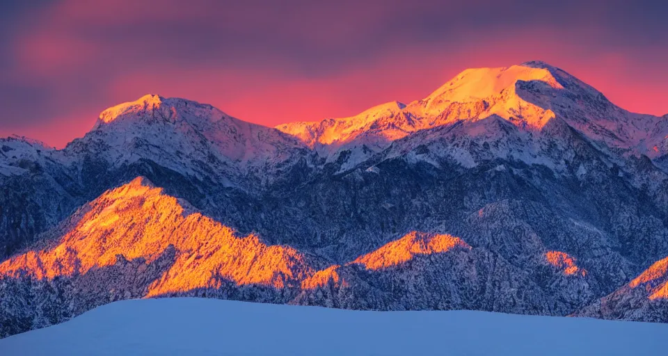 Image similar to professional photo of a snow topped mountain lit by the sunset