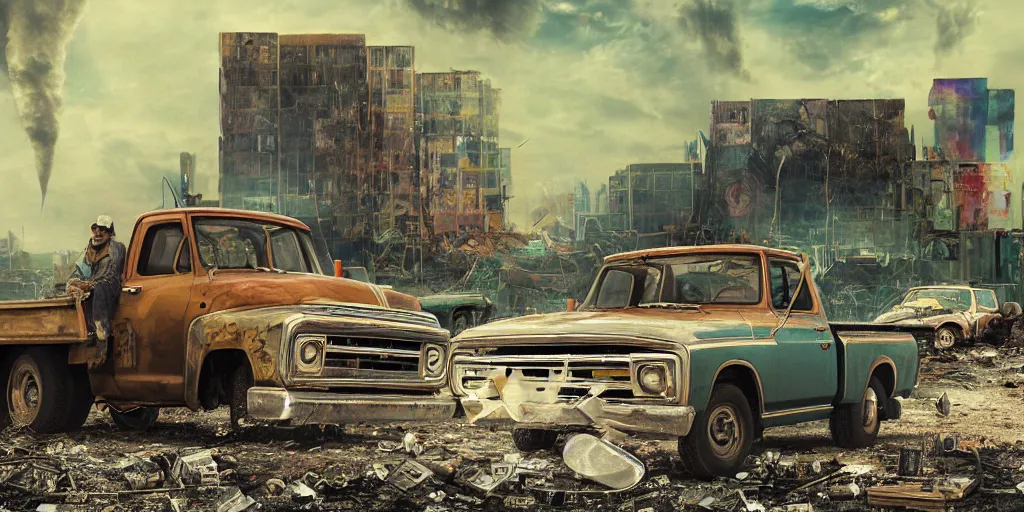 Prompt: 1970s photography a truck driver wearing a cap sitting next to his colorful truck in a apocalyptic wasteland, tornado and apocalyptic city in the background, detailed intricate insanely detailed octane render, 8k artistic photography, photorealistic, chiaroscuro, hd, by David Cronenberg, Raphael, Caravaggio