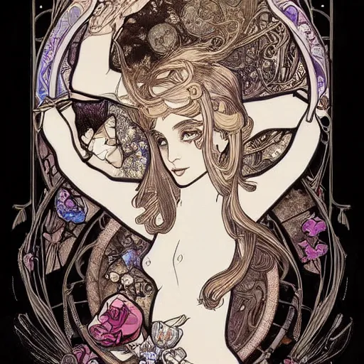 Image similar to Alice in Wonderland,Diamonds Blaze,Rose twining,out of time and space,dreamy, eternity, romantic,highly detailed,in the style of Alphonse Maria Mucha, highly detailed,night lighting