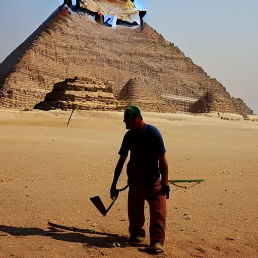 Prompt: a man cutting wood in front of egypt pyramids