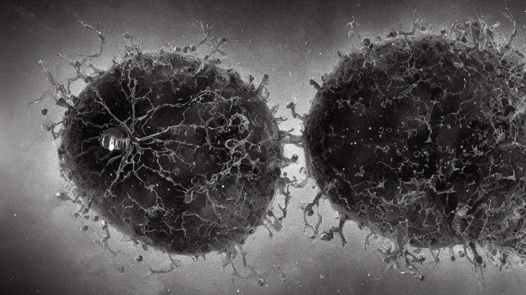 Image similar to a beautiful microscopic scientific photo of a coronavirus and a strange life form seen through an electron microscope, dark, sinister, detailed, art by Greg Rutkowski