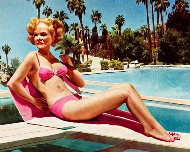 Prompt: tuesday weld in a pink bikini lounging next to a palm springs midcentury swimming pool by gil elvgren and earl norem