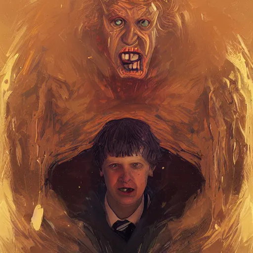 Image similar to portrait of Boris Johnson as a Stranger Things villain, sinister, intricate, headshot, highly detailed, digital painting, artstation, concept art, sharp focus, illustration, art by artgerm and greg rutkowski and alphonse mucha