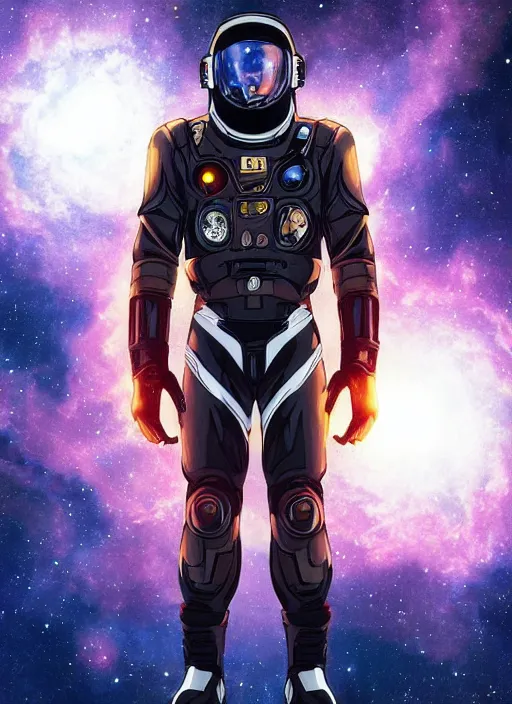 Image similar to cinematic medium shot of handsome black man in an advanced spacesuit in front of exploding nebulae halos, digital illustration trending on artstation by artgerm and rutkowski