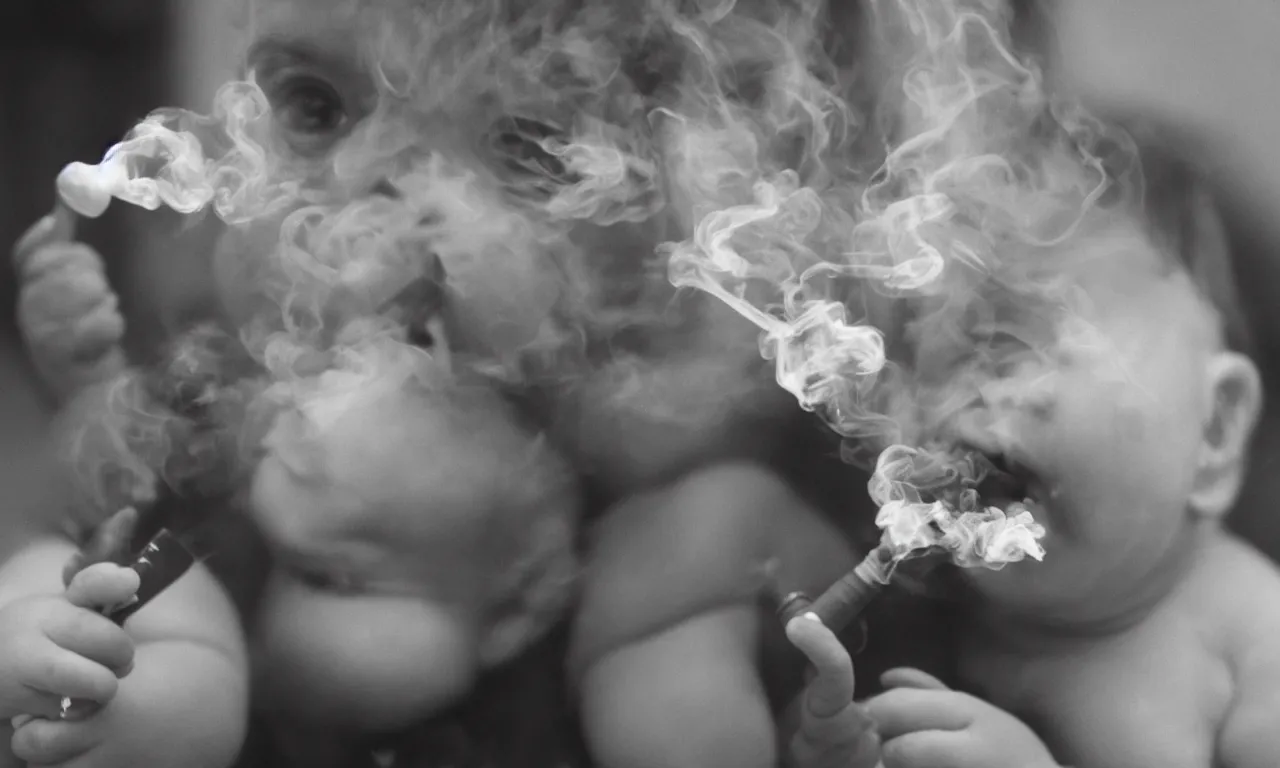 Image similar to a photograph of a baby smoking a bong