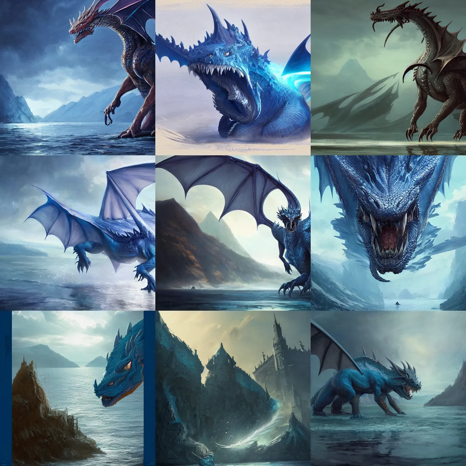 Prompt: an old dragon emerges from the Balaton lake, blue tones, photo realistic, fantasy concept art by Tapiró Baró, Greg Rutkowski and J.Dickenson