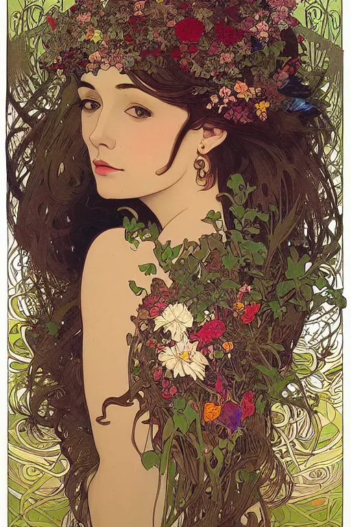 Image similar to an intricate painting of a beatiful young woman with a lot of flowers and plants on its head, birds, poster art by android jones, by alphonse mucha, behance contest winner, generativ line art