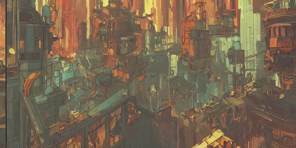 Prompt: a study of cell shaded cartoon of the interior of a bioshock style art deco city, illustration, post grunge, concept art by josan gonzales and wlop, by james jean, victo ngai, david rubin, mike mignola, laurie greasley, highly detailed, sharp focus, trending on artstation, hq, deviantart, art by artgem