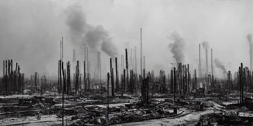 Image similar to industrial city destroying nature, 1 9 2 0 s spirit portrait photography, smoking chimneys, burning trees, cleared forest, huge industrial buildings, eerie, dark, by william hope