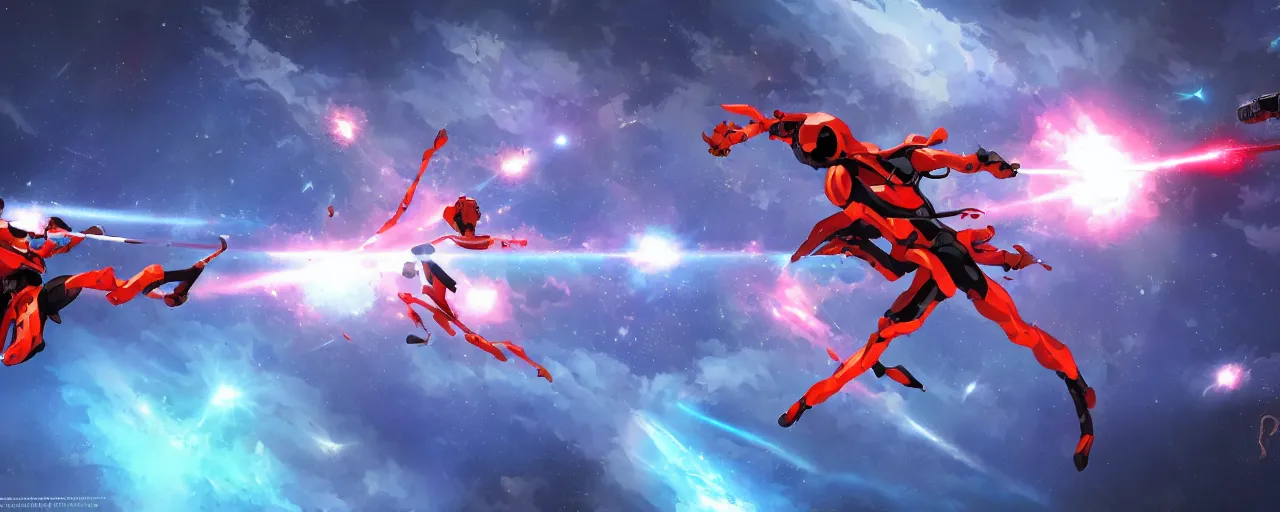 Prompt: fantasy epic monkey gunfight in space, laser guns, anime, evangelion, concept art, 4 k