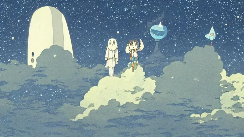 Image similar to a movie still from a studio ghibli film showing a floating large white pyramid with a gold gapstone, a grey alien, and a ufo on a misty and starry night. by studio ghibli