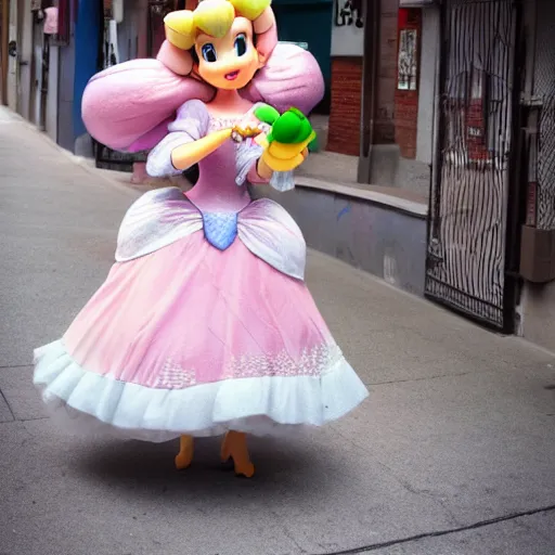 Prompt: photo of princess peach posing in the street