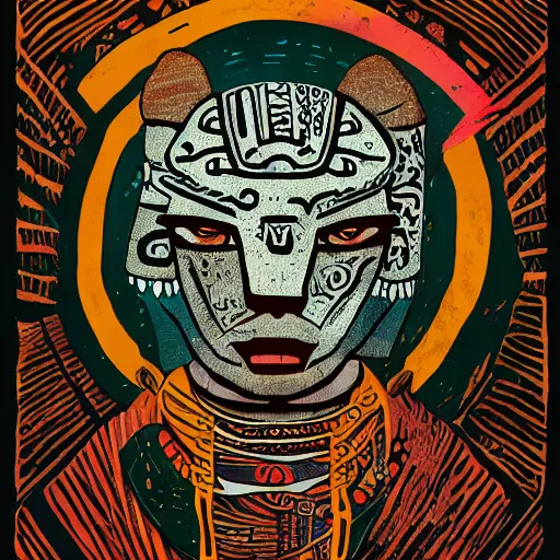 Prompt: illustration of mayan jaguar warrior, resolved, showing conviction or humor by a gloomy silence or reserve, by studio multi and victo ngai, malika favre, william s burroughs, cut up film