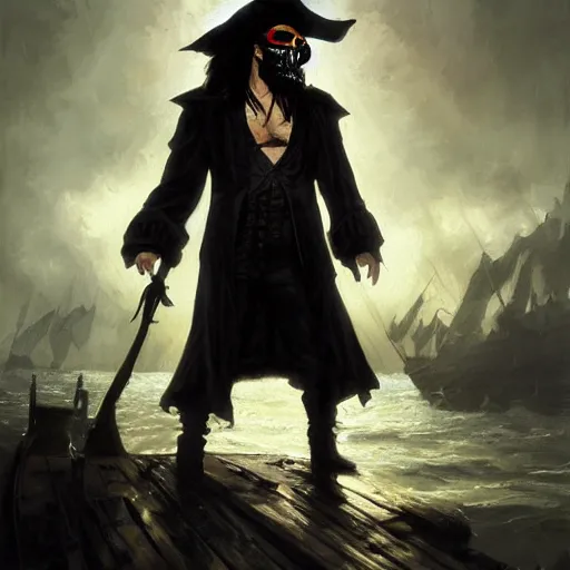 Prompt: masterpiece painting of a pirate lord with long black beard long black hair wearing a skull mask with a black coat and black hat, menacing, dramatic lighting, featured in artstation, concept art by Greg Rutkowski, WLOP, Dan Mumford, Christophe Vacher