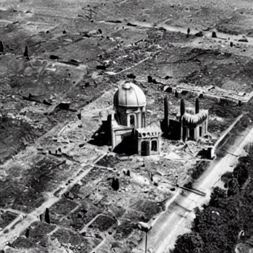 Image similar to an aerial photo of bombed italy, with bomb falling down, explosion, ruins, fire,