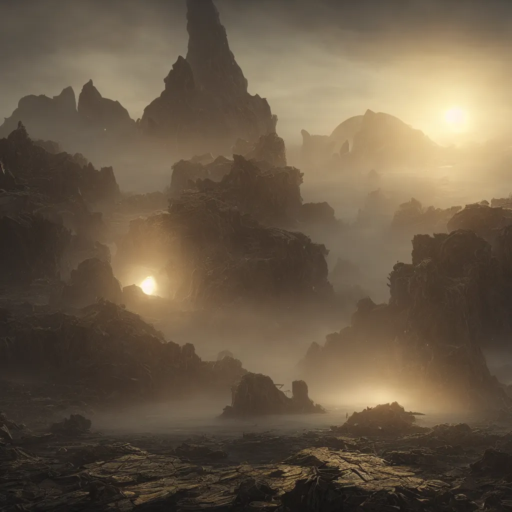 Image similar to An incredibly beautiful but ominous matte painting depicting a landscape with three suns, overgrowing a desolate ruins submerged in fog beneath the setting suns, nvidia, vray, evening, epic scale, octanerender