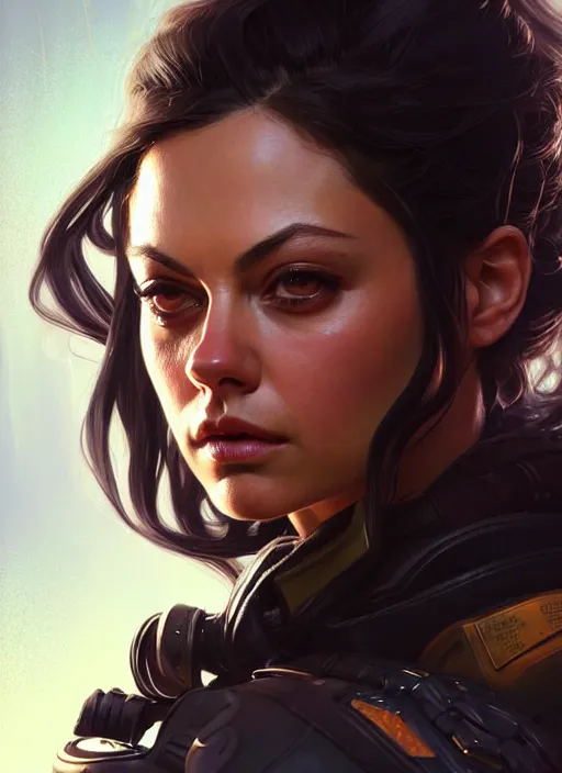 Image similar to portrait of apex legends mila kunis, intricate, elegant, glowing lights, highly detailed, digital painting, artstation, glamor pose, concept art, smooth, sharp focus, illustration, art by artgerm and greg rutkowski, artey freytag