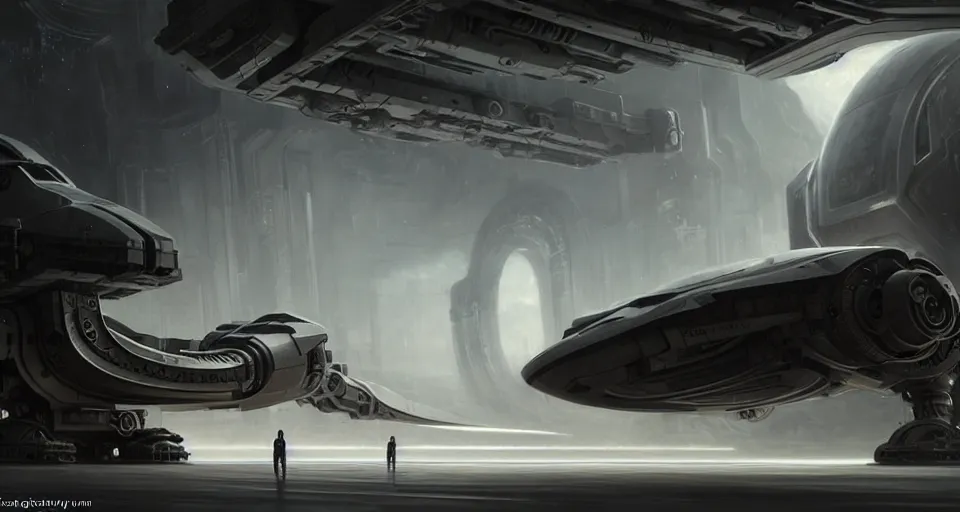 Prompt: hyper realistic sci - fi matte concept art painting of giant scopion - like robot in a starship hanger, starship in background, beautiful details, strong composition painted by kim jung guweta studio rutkowski, james gurney and greg rutkowski, and lucasfilm, smooth, intricate, detailed, sharp focus, cinematic